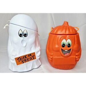 1990 Mars Halloween Ghost & Pumpkin Candy Bucket Blow Mold Plastic Vintage